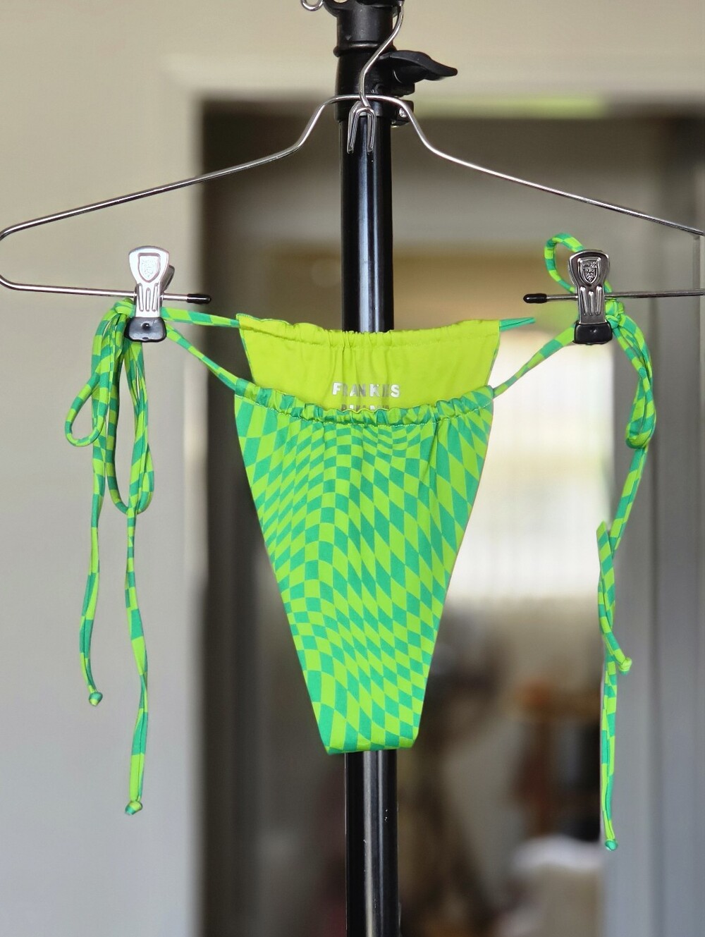 Frankie's Bikinis Tia Skimpy String Bikini Bottom - Neon Green Checkered - Picture 5 of 5